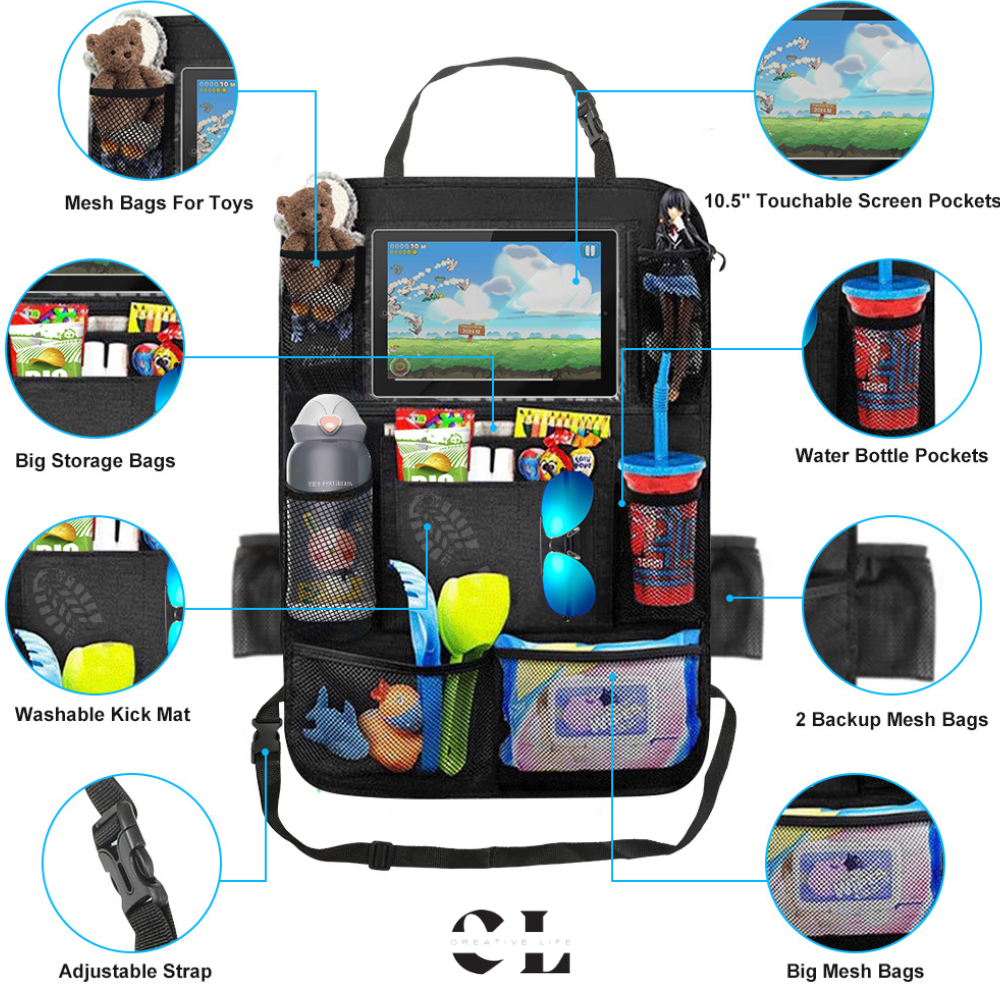 Pair Of Waterproof Backseat Car Organizer Kick Mats Back Seat Protector with Touch Screen Tablet Holder and Multiple Storage Pockets, Car Back Seat Organizer for Kids